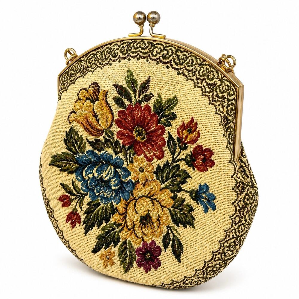 Vintage Floral Tapestry Kisslock Purse Handbag Cottagecore Grandmillennial